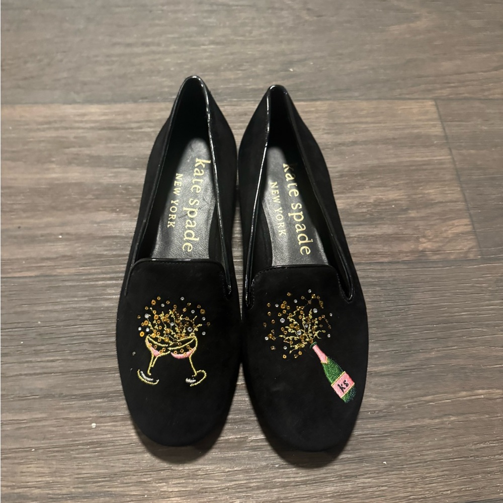 Kate Spade Black Loafers with Gold and Pink Embroidery